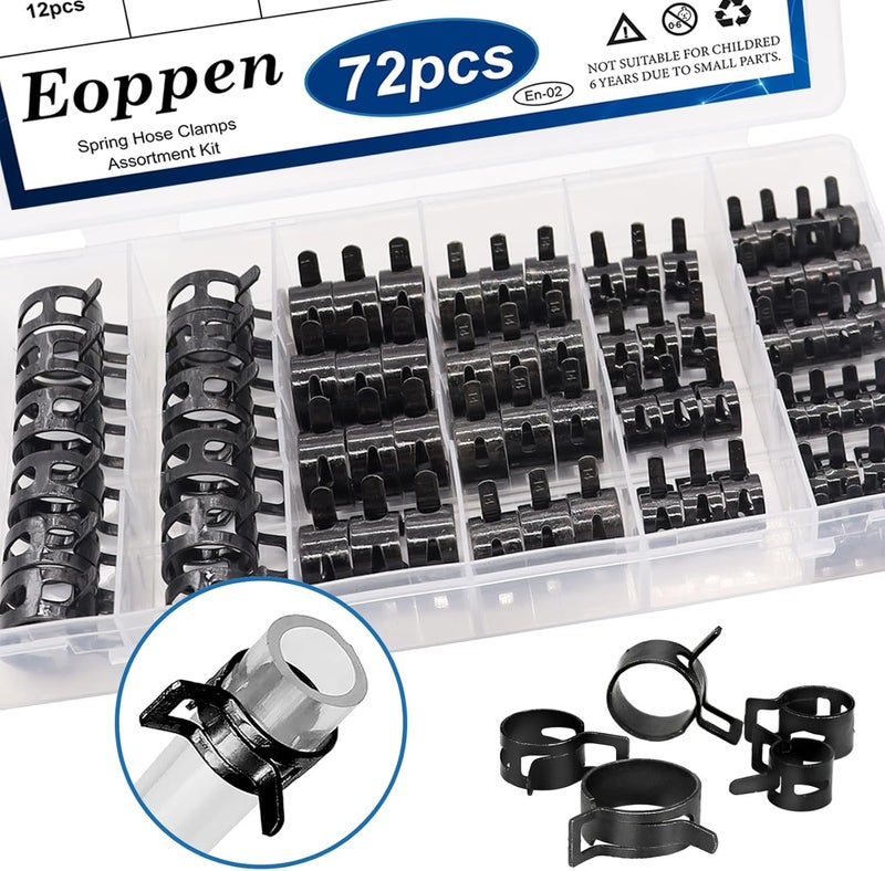 Eoppen 72Pcs Spring Hose Clamps Fuel Line Silicone Vacuum Hose Low Pressure Air Clamps & Sleeving Automotive Replacement Fastener Assortment Kit 6 Sizes (7mm 10mm 11mm 14mm 16mm 18mm) Black - Image 4